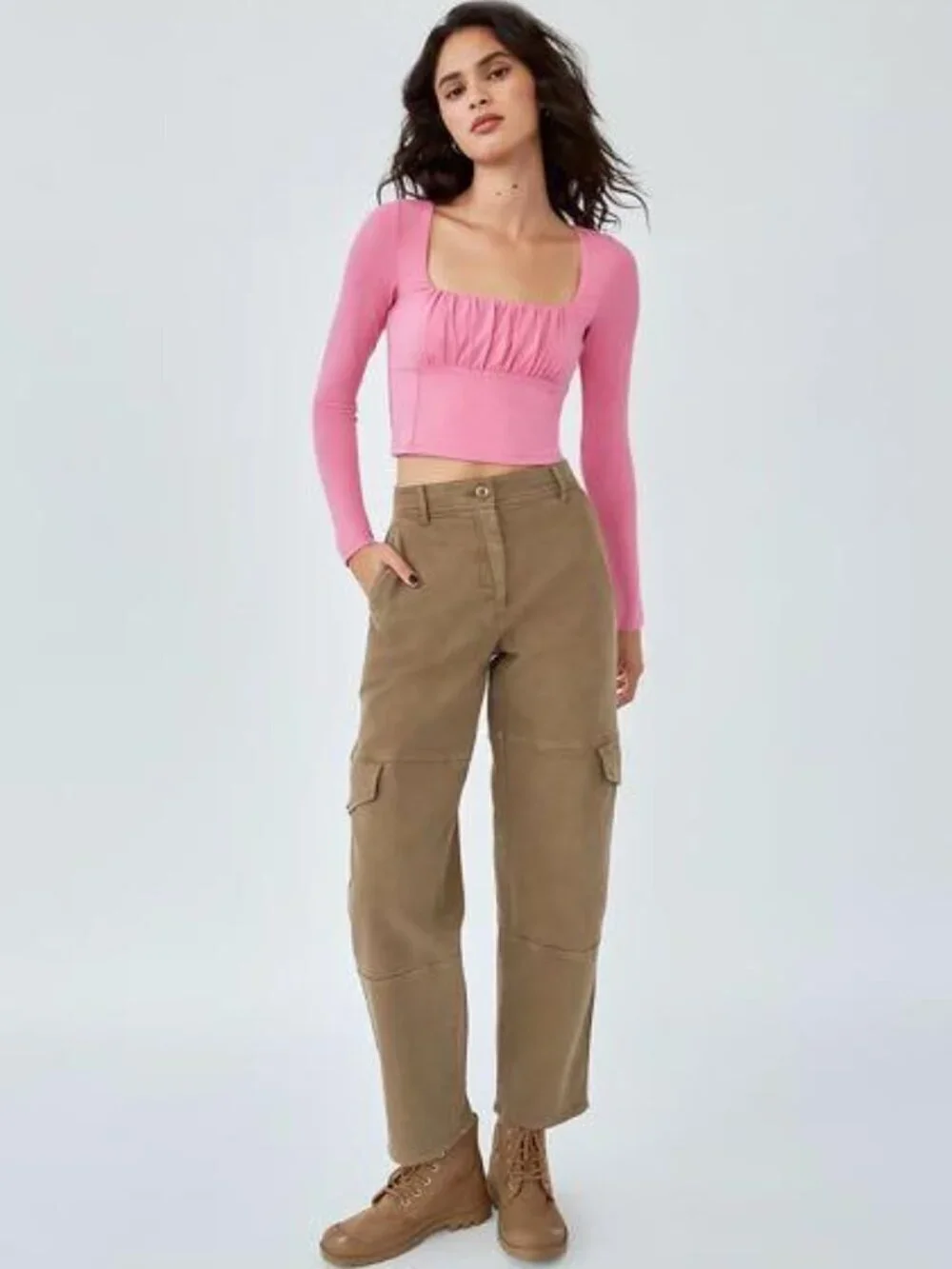 Aritzia WILFRED FREE Orbit Brown Jersey Ruched Long Sleeve Cropped Top, Size S - Picture 11 of 13